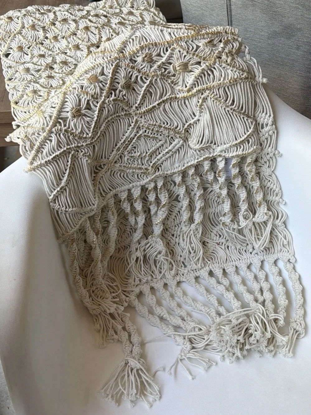 Anthropologie Cream Macramé Table Runner with Gold Accents